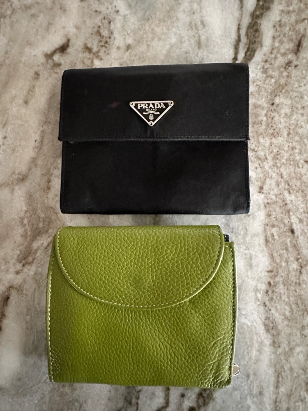 Prada Black Leather Triangular Logo Wallet with Green Leather Companion